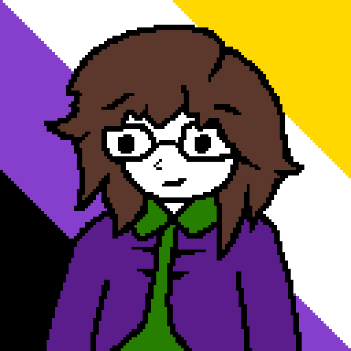 pixel art drawing of an enby with brown hair, glasses, a purple cloak, and a green undershirt, along with an enby flag as the background